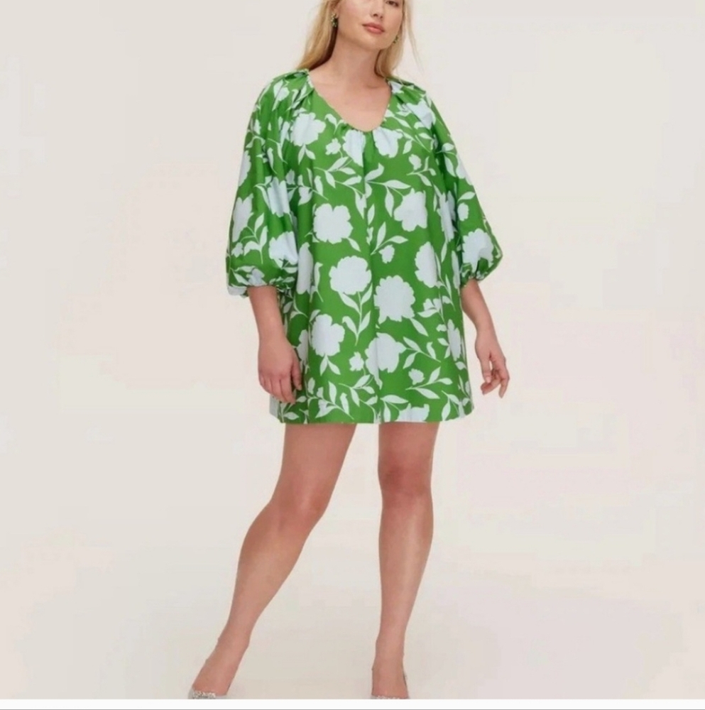 Kate Spade Mini Dress Classic Rose Poplin Green Blue Puff Sleeve Size Medium